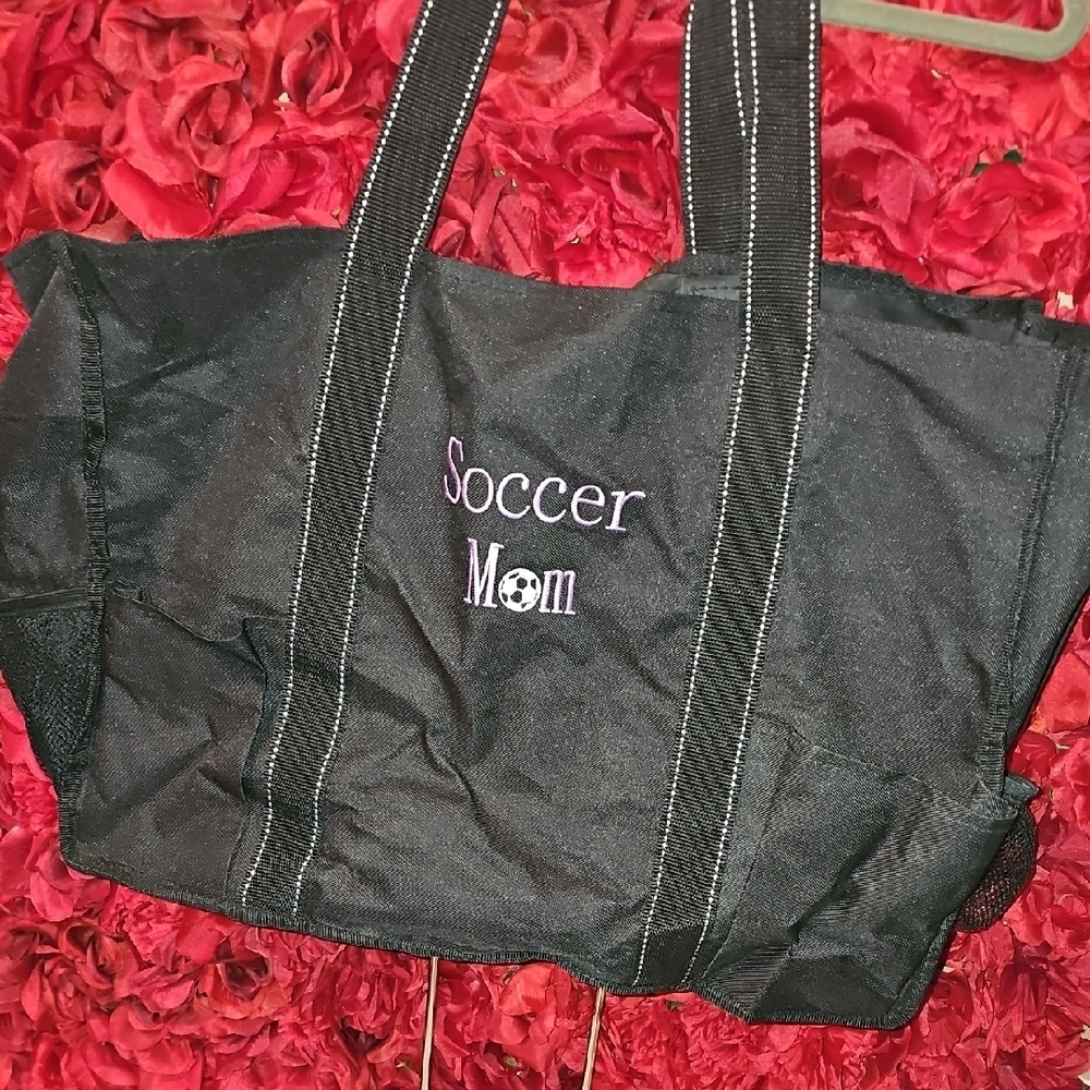 Women's Black Large Soccer Mom Embroidered Tote Bag LIKE NEW
